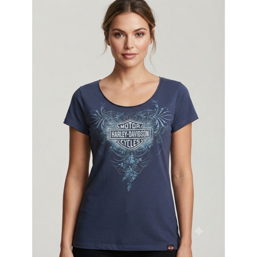 Y2K Harley Davidson Sturgis SD Graphic Blue Scoop Neck Shirt